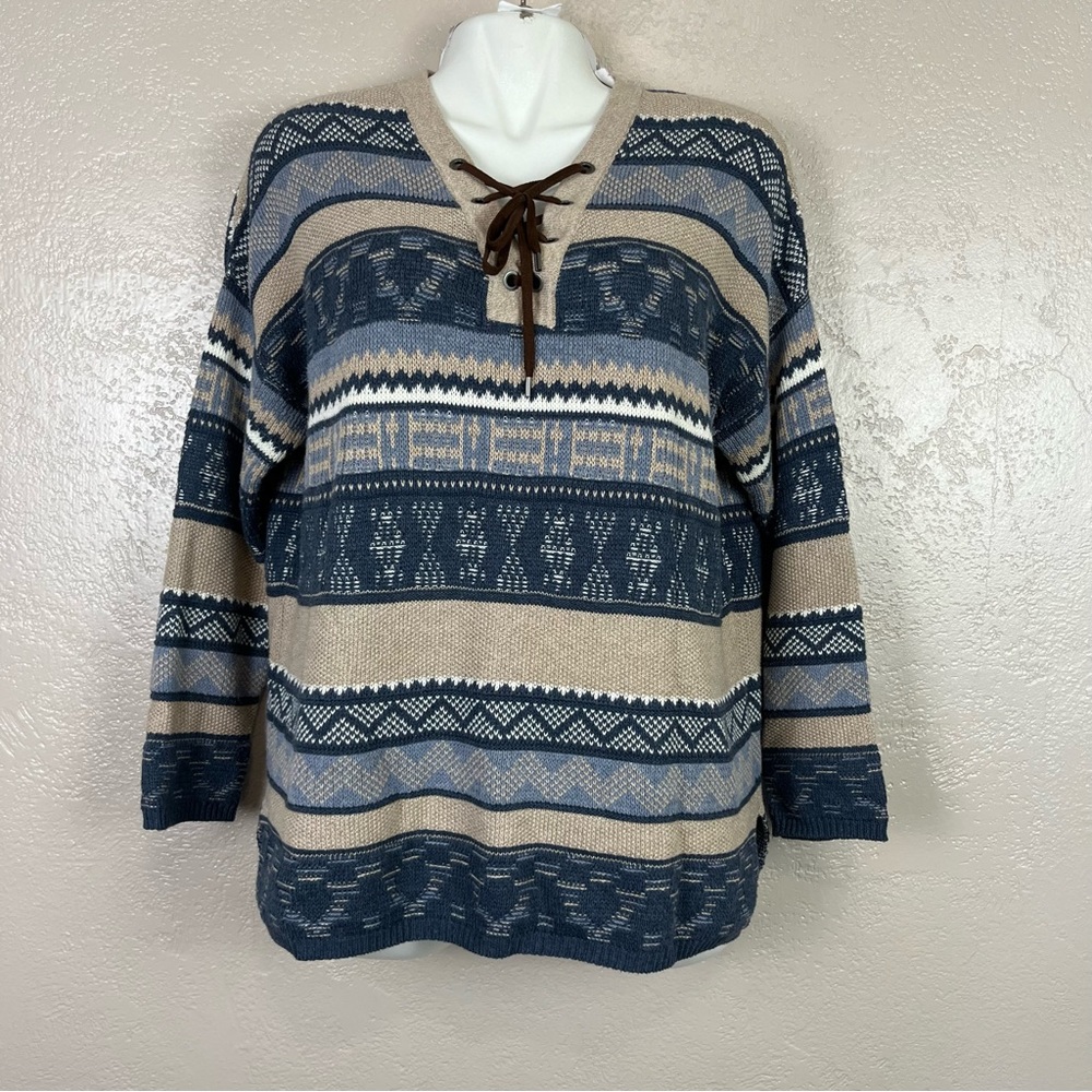 Chaps Southwestern Aztec Pullover Sweater V-Neck Laces‎ Tie Womens Sz M
